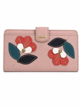 Relic by Fossil Pink Floral Appliqué Wallet Snap Closure